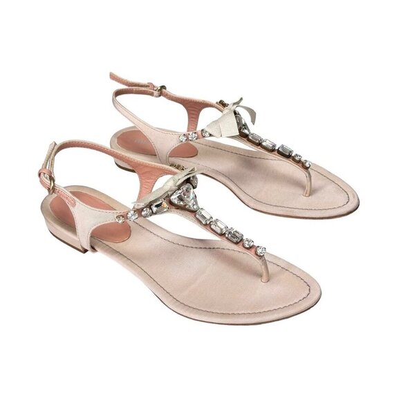 Vintage Miu Miu Sandals Sz.10 Pink Blush Crystal Embellished Bow Flats Designer - Picture 3 of 11